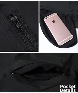 Detail view of athletic hoodie featuring hidden zipper pockets and large phone storage