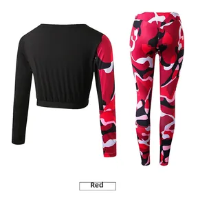 Back view of red camo yoga set featuring long sleeve crop top and high waist leggings