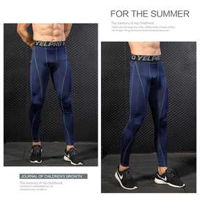 Men's navy blue compression leggings with gray stitching and elastic branded waistband