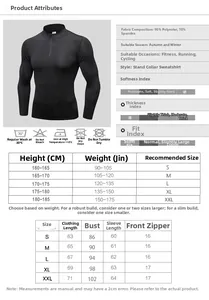 Size chart for men's athletic zip-up sweatshirt showing S to XXL measurements and dimensions