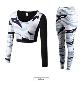 Detail view of two-piece workout set with blue camo print and black sleeve contrast