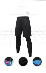 Detail view of men's 2-in-1 compression leggings with moisture-wicking and elastic fabric