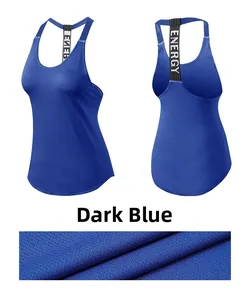 Detail of dark blue racerback sports vest with mesh fabric and ENERGY lettering