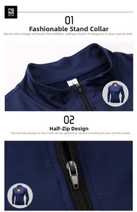 Detail of navy blue athletic sweatshirt featuring half-zip collar and breathable fabric