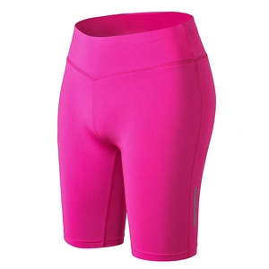 Women's rose pink high-waisted yoga shorts with side reflective strips and elastic fabric