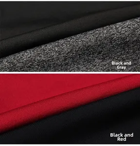 Detailed fabric texture of men's athletic hoodie in black-grey and black-red contrasts