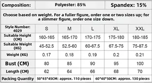 Size chart showing fabric blend of 85% polyester and 15% spandex for 3D printed gym top