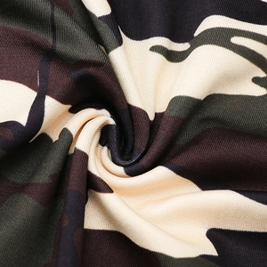 Detailed macro view of the camouflage print fabric showing green and brown knit texture