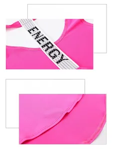 Detail of rose red sports tank top featuring ENERGY letter straps and mesh fabric texture
