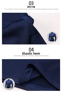 Detail of four-needle six-thread stitching and elastic hem on navy men's compression top