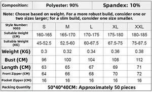 Detailed size guide for men's running hoodie showing S to XXL fit and fabric data