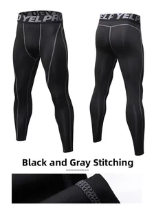 Detailed views of men's black compression pants with grey stitching and elastic waistband