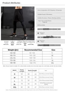 Size chart for men's 2-in-1 leggings showing waist, length, and height-weight guide