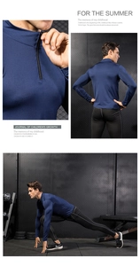 Macro shot of half-zip collar detail on navy blue quick-dry athletic sweatshirt for men