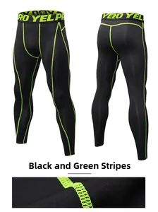 Detail view of flatlock seams in neon green on men's black compression sports leggings