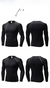 Front and back views of men's compression shirts with flatlock seams and ergonomic fit
