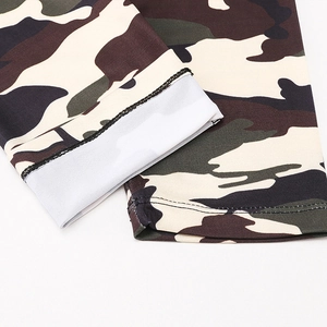 Detail view of camouflage yoga leggings showing high-quality double-needle flatlock stitching