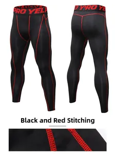 Detail of red stitching on men's black compression pants with high-stretch elastic fabric