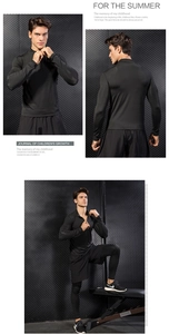 Detail of men's black high-elasticity half-zip sports top and compression legging set