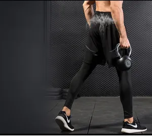 Detail of lightweight quick-dry 2-in-1 men's compression tights for gym and running