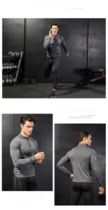 Detail of men's grey quick-dry half-zip sports top and black compression running pants