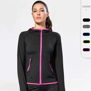 Veste de Sport Ajustée pour Femmes Top à Capuche Fermeture Éclair Passe-Pouces Polyester Séchage Rapide Course Yoga