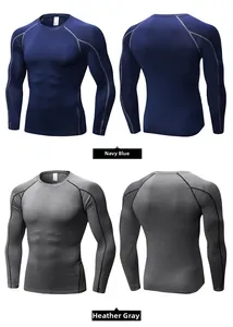 Detail view of navy and grey compression fitness shirts with flatlock seam construction