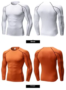 Front and back views of white and orange compression shirts with contrast stitching