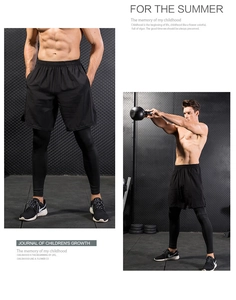 Vue détaillée du short de sport 2-en-1 pour hommes avec legging de compression en noir
