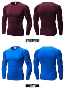Detailed views of burgundy and blue men's compression long sleeve shirts for sports