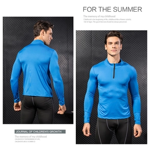 Front and back view of men's blue quarter-zip fitness shirt with breathable performance fabric