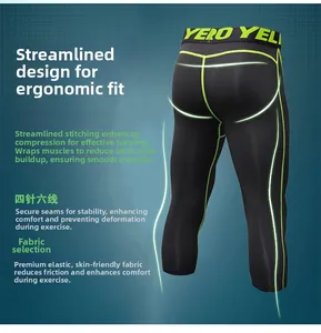 Detail of men's compression tights with ergonomic green seams and high-elastic fabric