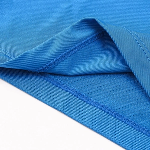 Detail of royal blue gym t-shirt featuring breathable mesh lining and double-needle stitching