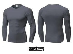 Front and back macro view of grey men's long sleeve compression shirt with flatlock seams