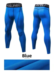 Detail of blue men's pro athletic compression pants featuring ergonomic seams and breathable fabric