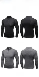 Front and back views of men's athletic half-zip pullovers in black and grey