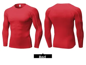 Front and back view of red compression long sleeve shirt with flexible sport fabric