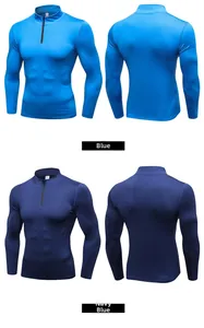 Close-up of men's athletic quarter-zip sweatshirt showing blue and navy compression fabric