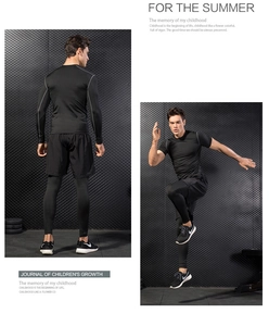 Rear view and action shot of men's quick-dry compression tights and shorts set