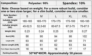 Size chart for men's athletic sweatshirt detailing 90% polyester and 10% spandex blend