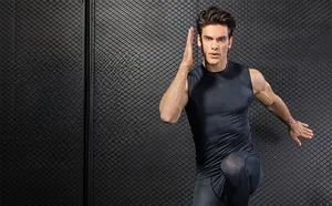 Detail of 3D honeycomb textured fabric on men's compression fitness tank top