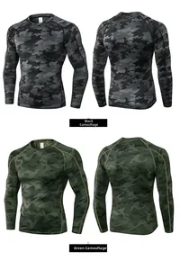 Flat lay of men's compression shirts in black and green camo showing front and back