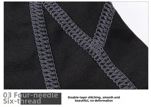 Macro view of high-strength four-needle six-thread flatlock stitching on black sports fabric