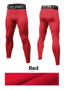 Detail of red men's compression pants showing elastic waistband and breathable fabric