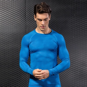 Men's blue 3D printed compression shirt with geometric texture for running and fitness