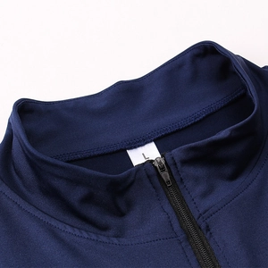 Detail of navy blue athletic sweatshirt collar with half-zipper and size L tag