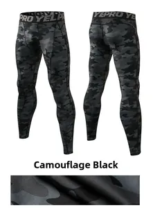 Close-up of camouflage black men's compression pants with elastic pro waistband and premium fabric