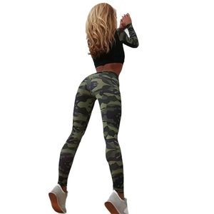 Women's camo yoga set with long sleeve crop top and high waist leggings, back view