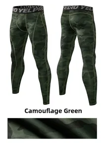 Detail view of men's compression pants in camo green with breathable high-elastic fabric