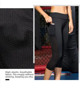 Détail du tissu en maille extensible et de la poche latérale sur le legging de yoga